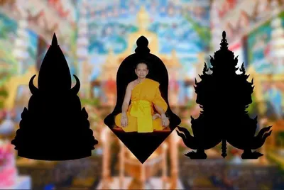 หลวงพ่ออิฏฐ์ วัดจุฬามณี นั่งเจริญภาวนา ขนาบด้วยเงาองค์พระพุทธชินราชและองค์ท้าวเวสสุวรรณ สื่อถึง ๓ ความเป็นที่สุดแห่งวัดจุฬามณี