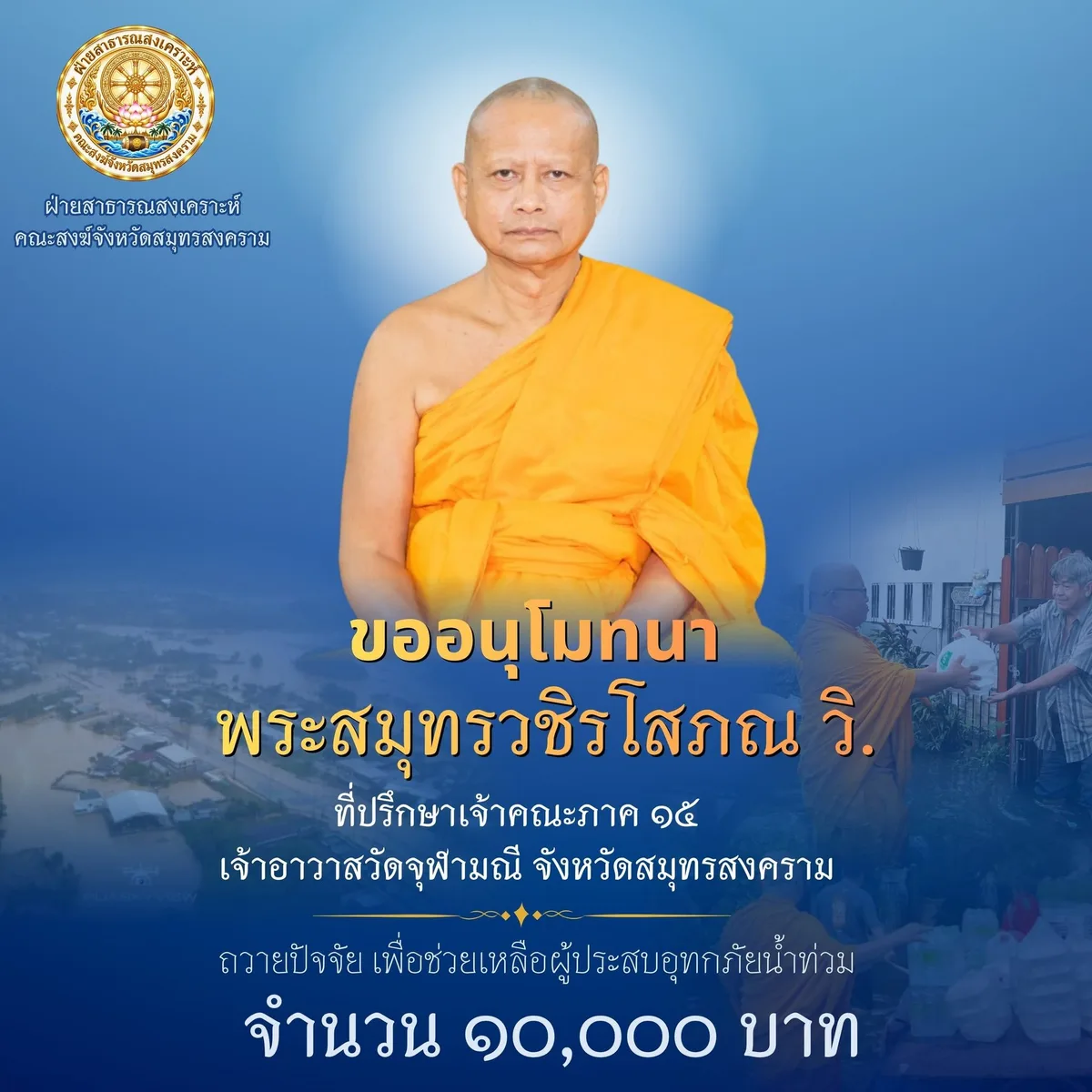 ภาพขออนุโมทนา พระสมุทรวชิรโสภณ วิ. ที่ปรึกษาเจ้าคณะภาค ๑๕ เจ้าอาวาสวัดจุฬามณี จังหวัดสมุทรสงคราม ถวายปัจจัย เพื่อช่วยเหลือผู้ประสบอุทกภัยน้ำท่วม จำนวน ๑๐,๐๐๐ บาท — ฝ่ายสาธารณสงเคราะห์ คณะสงฆ์จังหวัดสมุทรสงคราม