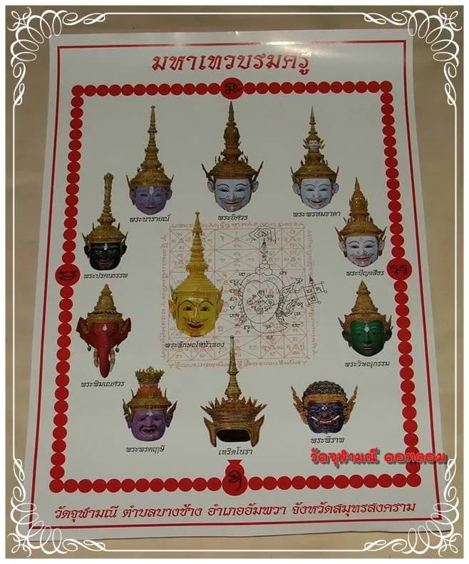 แผนภาพมหาเทพบรมครู แสดงเศียรมหาเทพผู้ยิ่งใหญ่ทั้ง ๙ พระองค์ พร้อมพระนาม รายรอบพระยันต์พระลักษณ์หน้าทอง